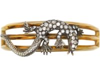 French 19th Century 18ct Gold & Silver Bangle with Lizard set with Diamonds & Ruby Eyes