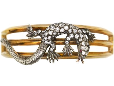 French 19th Century 18ct Gold & Silver Bangle with Lizard set with Diamonds & Ruby Eyes