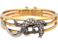 French 19th Century 18ct Gold & Silver Bangle with Lizard set with Diamonds & Ruby Eyes