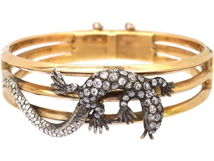 French 19th Century 18ct Gold & Silver Bangle with Lizard set with Diamonds & Ruby Eyes
