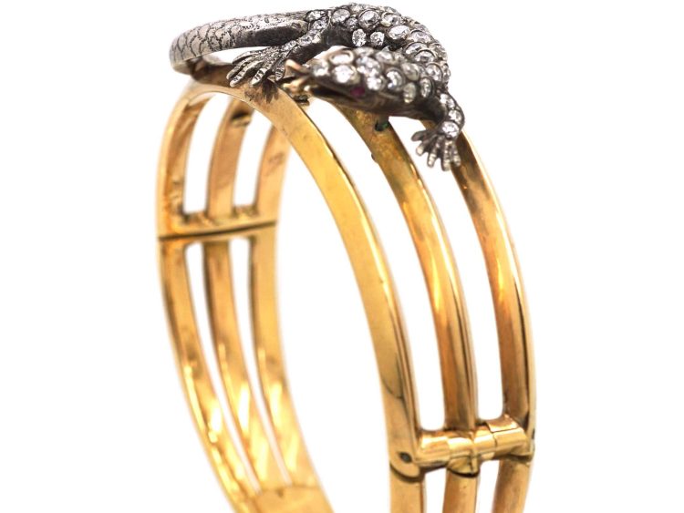 French 19th Century 18ct Gold & Silver Bangle with Lizard set with Diamonds & Ruby Eyes