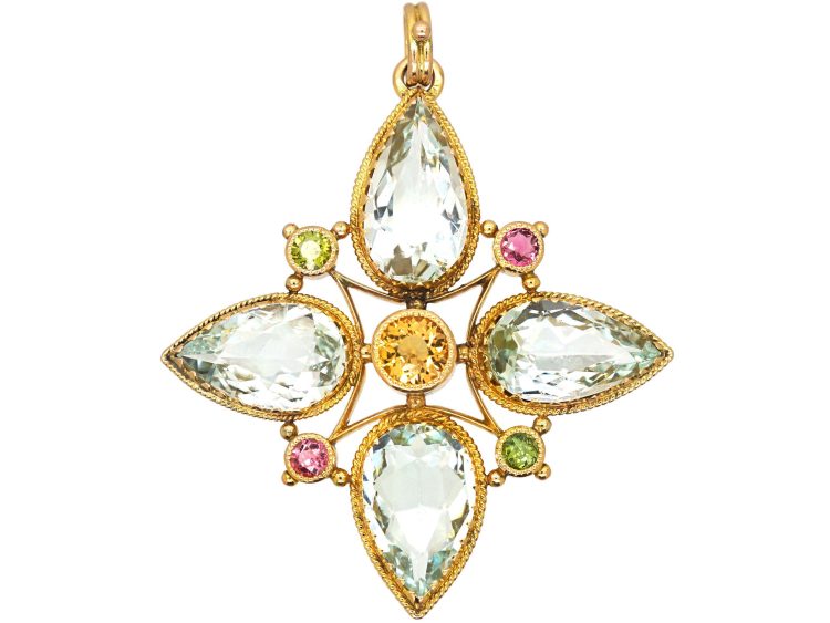 Arts & Crafts 15ct Gold, Aquamarine & Toumaline Pendant