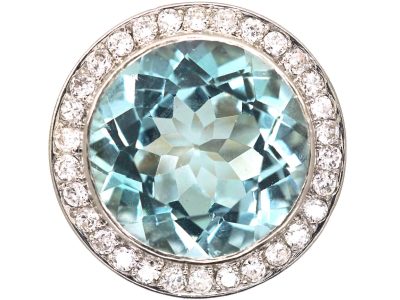 Art Deco 18ct White Gold Large Aquamarine & Diamond Cluster Ring in OrIginal Case