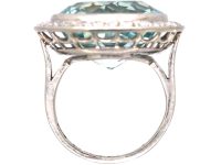 Art Deco 18ct White Gold Large Aquamarine & Diamond Cluster Ring in OrIginal Case
