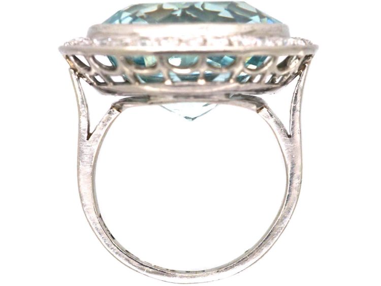 Art Deco 18ct White Gold Large Aquamarine & Diamond Cluster Ring in OrIginal Case