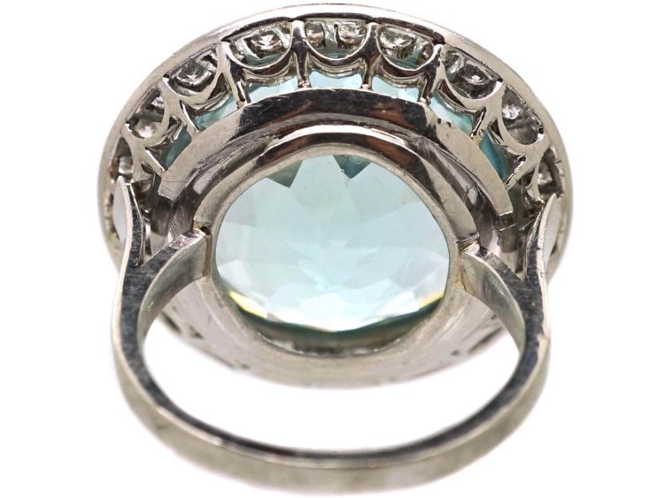 Art Deco 18ct White Gold Large Aquamarine & Diamond Cluster Ring in OrIginal Case