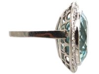 Art Deco 18ct White Gold Large Aquamarine & Diamond Cluster Ring in OrIginal Case