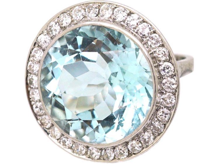 Art Deco 18ct White Gold Large Aquamarine & Diamond Cluster Ring in OrIginal Case