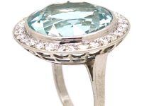 Art Deco 18ct White Gold Large Aquamarine & Diamond Cluster Ring in OrIginal Case