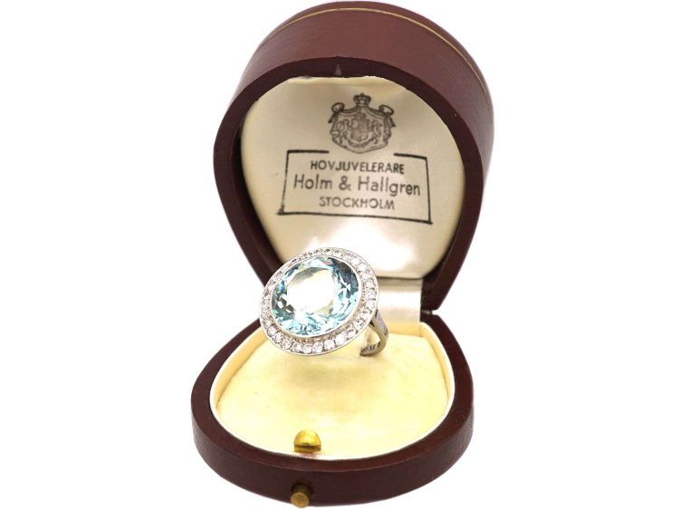 Art Deco 18ct White Gold Large Aquamarine & Diamond Cluster Ring in OrIginal Case