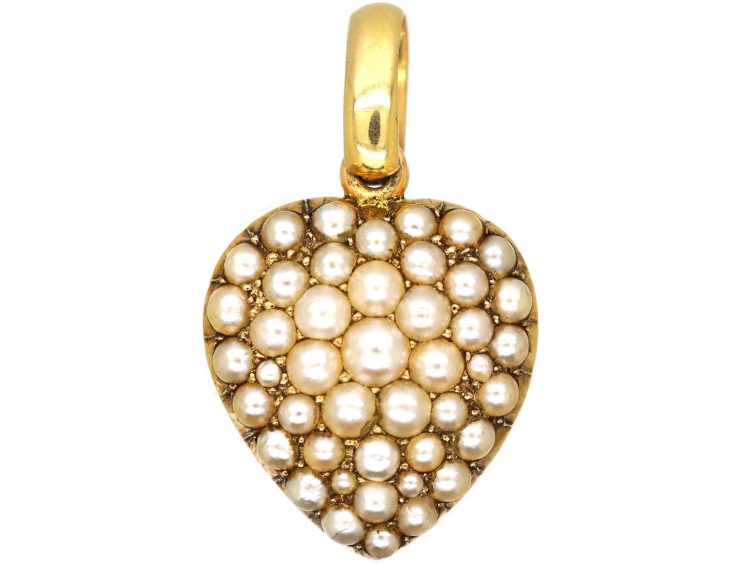 Edwardian 15ct Gold Heart Pendant set with Natural Split Pearls