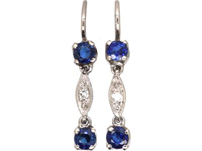 Edwardian Platinum Sapphire & Diamond Small Drop Earrings