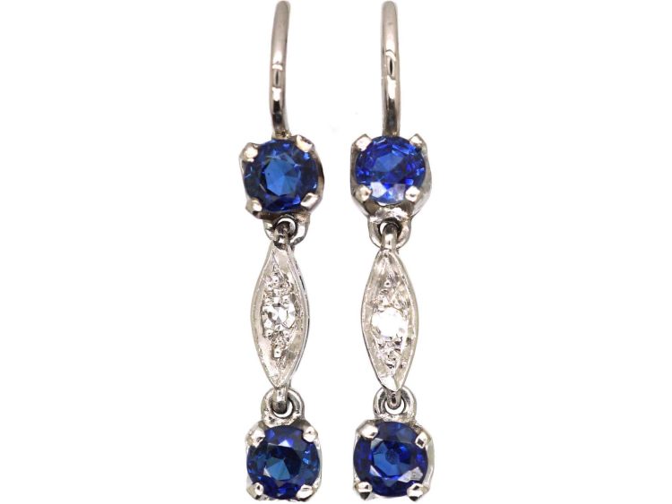 Edwardian Platinum Sapphire & Diamond Small Drop Earrings