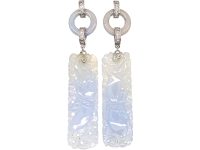 Art Deco 18ct White Gold Carved Pale Blue Chalcedony & Diamond Long Drop Earrings