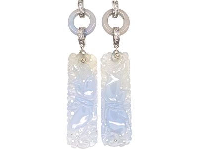 Art Deco 18ct White Gold Carved Pale Blue Chalcedony & Diamond Long Drop Earrings
