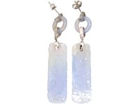 Art Deco 18ct White Gold Carved Pale Blue Chalcedony & Diamond Long Drop Earrings