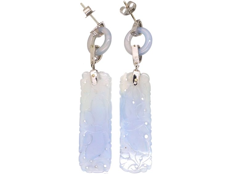 Art Deco 18ct White Gold Carved Pale Blue Chalcedony & Diamond Long Drop Earrings