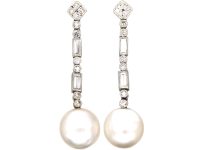 Art Deco Platinum, Natural Saltwater Pearl & Diamond Drop Earrings