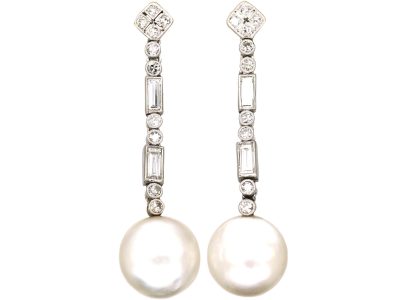 Art Deco Platinum, Natural Saltwater Pearl & Diamond Drop Earrings
