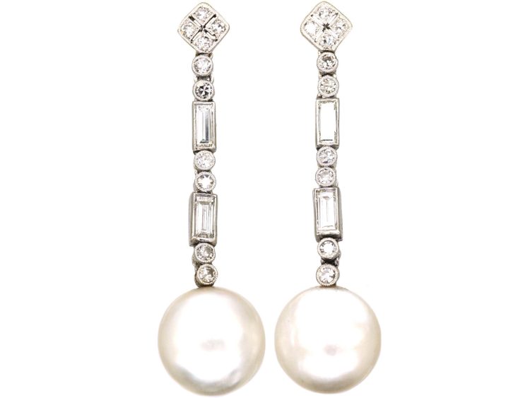 Art Deco Platinum, Natural Saltwater Pearl & Diamond Drop Earrings