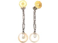 Art Deco Platinum, Natural Saltwater Pearl & Diamond Drop Earrings