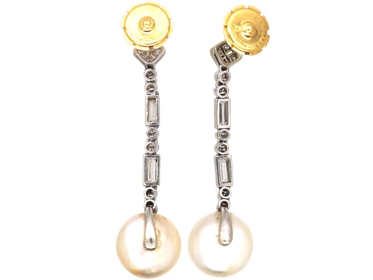 Art Deco Platinum, Natural Saltwater Pearl & Diamond Drop Earrings