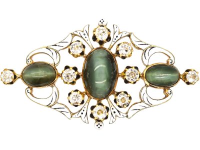 Victorian 18ct Gold Cat’s Eye Chrysoberyl, Diamond & Enamel Brooch
