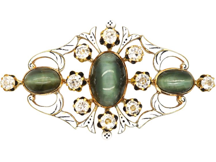 Victorian 18ct Gold Cat's Eye Chrysoberyl, Diamond & Enamel Brooch