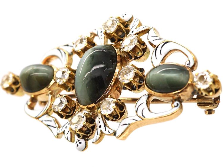 Victorian 18ct Gold Cat's Eye Chrysoberyl, Diamond & Enamel Brooch