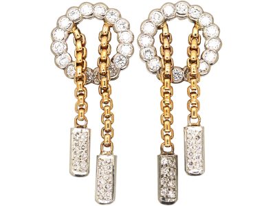 Modernist 18ct White & Yellow Gold Two Drop Earrings set with Diamonds