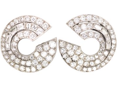 French Art Deco Platinum Hoop Clip On Earrings set with Diamonds