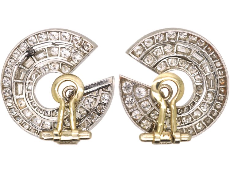 French Art Deco Platinum Hoop Clip On Earrings set with Diamonds