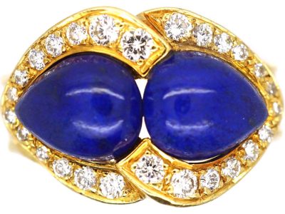 Vintage 18ct Gold Double Heart Ring set with Lapis Lazuli & Diamonds