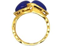 Vintage 18ct Gold Double Heart Ring set with Lapis Lazuli & Diamonds