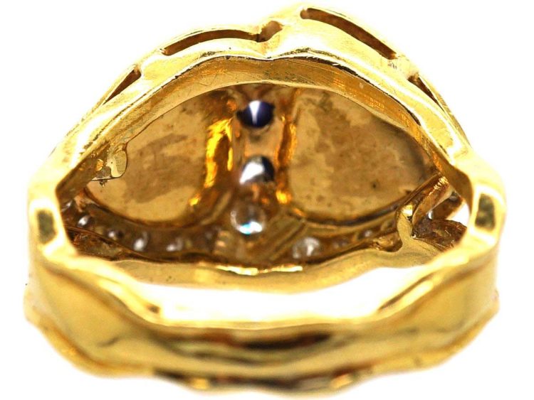 Vintage 18ct Gold Double Heart Ring set with Lapis Lazuli & Diamonds