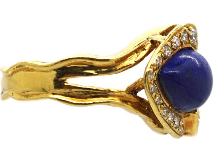 Vintage 18ct Gold Double Heart Ring set with Lapis Lazuli & Diamonds
