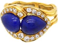 Vintage 18ct Gold Double Heart Ring set with Lapis Lazuli & Diamonds