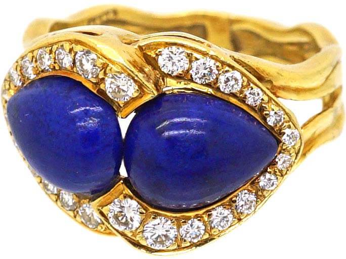 Vintage 18ct Gold Double Heart Ring set with Lapis Lazuli & Diamonds