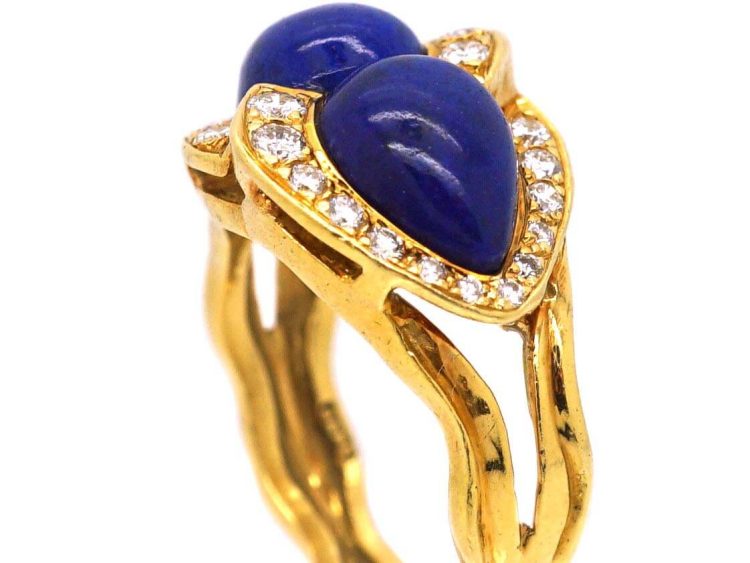 Vintage 18ct Gold Double Heart Ring set with Lapis Lazuli & Diamonds