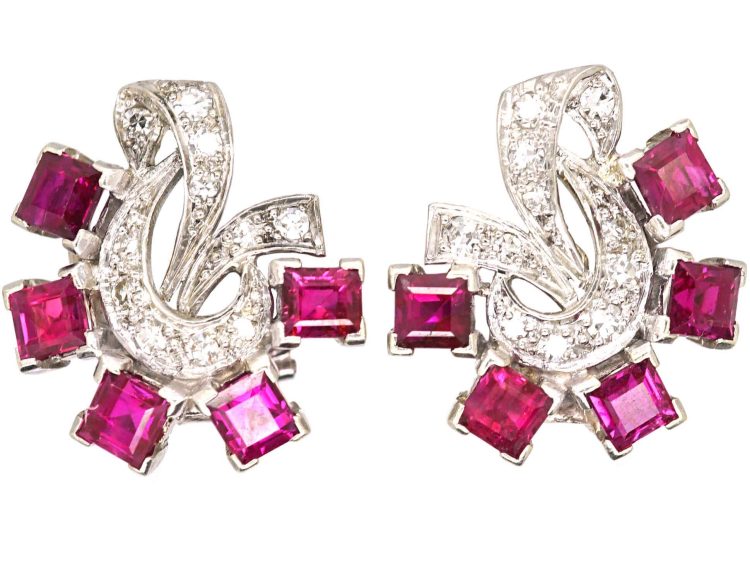 Art Deco 18ct White Gold Earrings set with Rubies & Diamonds