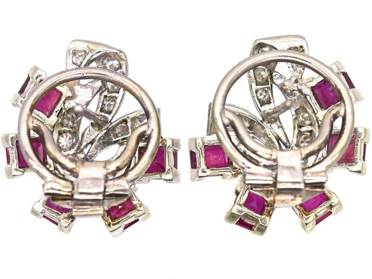 Art Deco 18ct White Gold Earrings set with Rubies & Diamonds