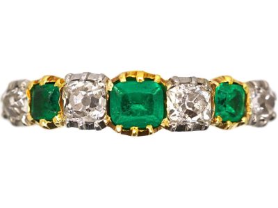 Georgian 18ct Gold, Emerald & Diamond Seven Stone Ring