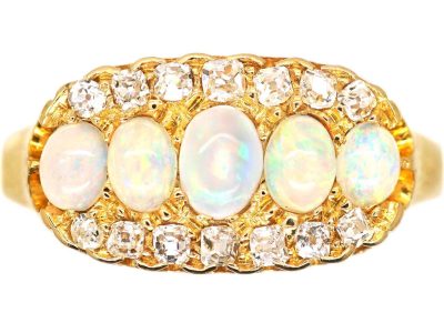 Victorian 18ct Gold Five Stone Opal & Diamond Oval Cluster Ring