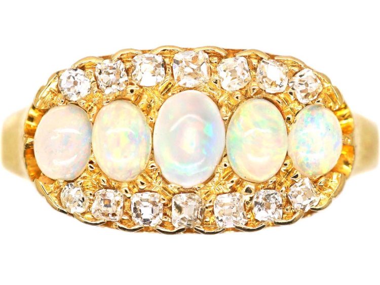 Victorian 18ct Gold Five Stone Opal & Diamond Oval Cluster Ring