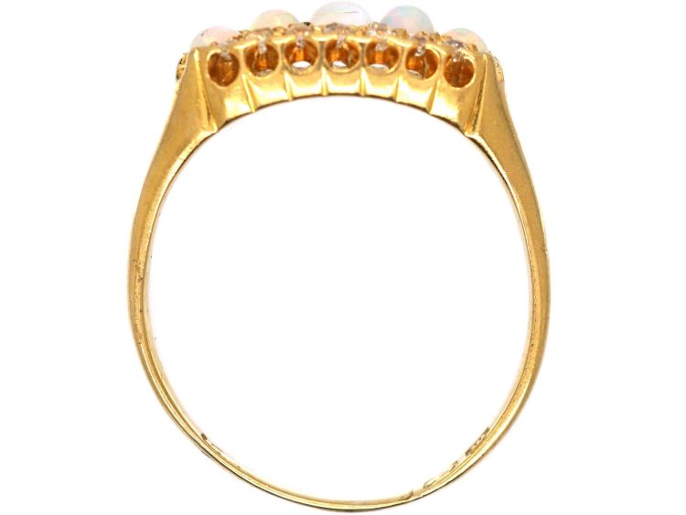 Victorian 18ct Gold Five Stone Opal & Diamond Oval Cluster Ring
