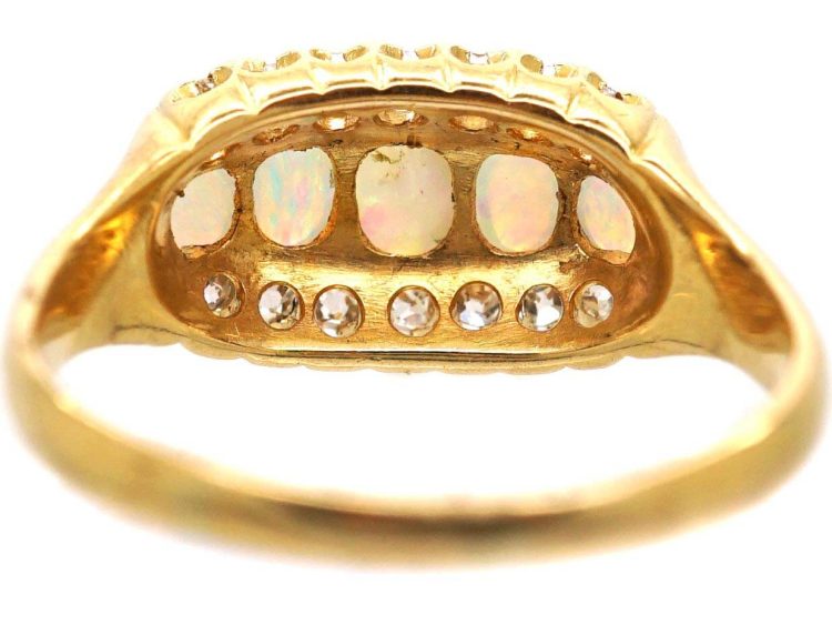 Victorian 18ct Gold Five Stone Opal & Diamond Oval Cluster Ring
