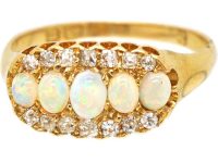 Victorian 18ct Gold Five Stone Opal & Diamond Oval Cluster Ring