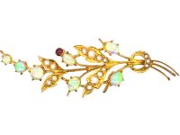 Edwardian 9ct Gold Spray Brooch set with Opals, Natural Split Pearls & a Ruby
