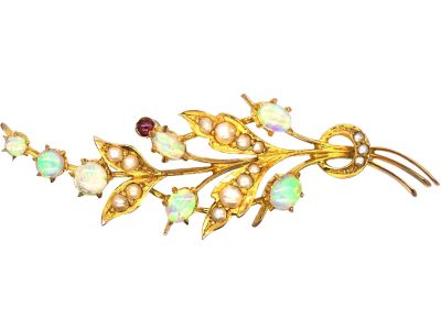 Edwardian 9ct Gold Spray Brooch set with Opals, Natural Split Pearls & a Ruby