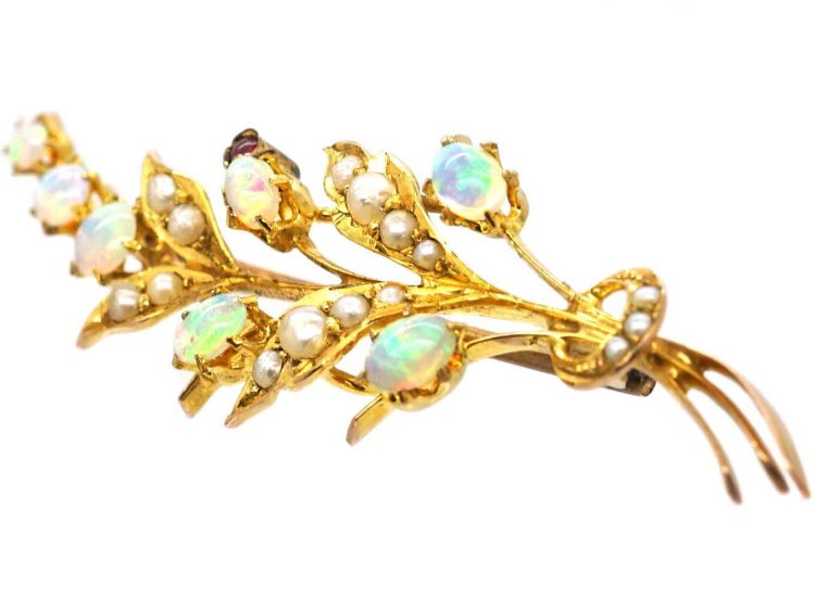 Edwardian 9ct Gold Spray Brooch set with Opals, Natural Split Pearls & a Ruby